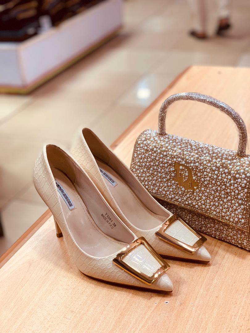 Beige Crocodile Buckle Stiletto Heels